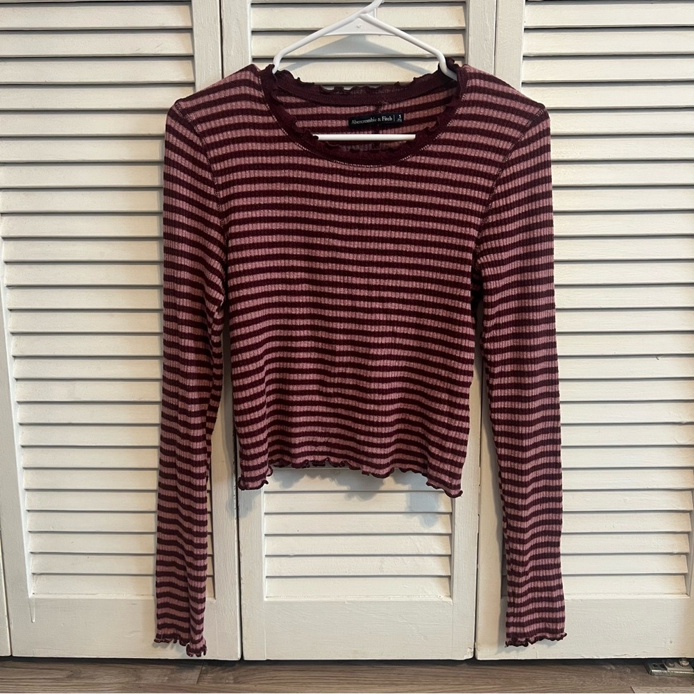 Abercrombie & Fitch Maroon Striped Long Sleeve Tee